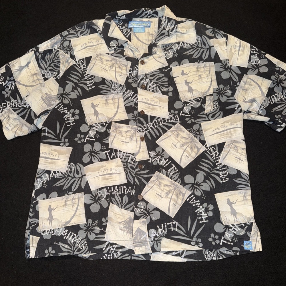 Bermuda Bay Hawaiian Luau Camp Silk Shirt Black And Grey Button Mens XL